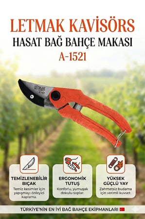 Letmak Kavisörs Hasat Bağ Bahçe Makası A-1521 Karbon Çelik Keskin Ağız Üzüm Narenciye Meyve Toplama Makası Ergonomik Profesyonel Bahçe Makası