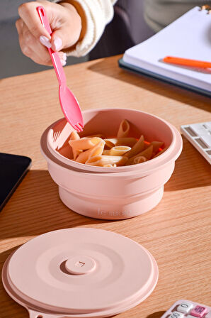 Mori Hava Sızdırmaz Yuvarlak Katlanabilir Silikon Saklama Kabı 600 ml | Pembe