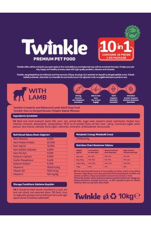 Twinkle Yetişkin Köpekler için Kuzulu Tam ve Dengeli Köpek Maması 10 Kg