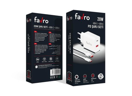 Favro 20W USB-A + USB-C Şarj Başlık + USB / Type-C Şarj Kablosu