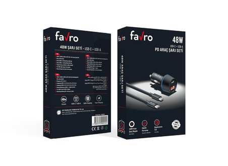 Favro 48W PD USB-C + USB-A Araç Şarj Seti + Type-C / Type-C Şarj Kablosu