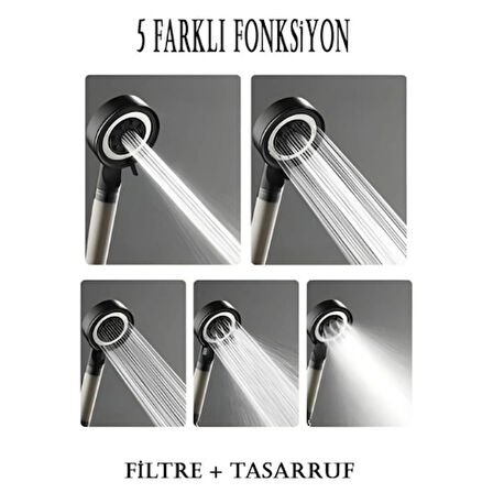 Mucit Home Duş başlığı Siyah  5 Fonksiyonlu Çelik Su Tasarruflu Filtreli Turbo Jet duş Başlığı