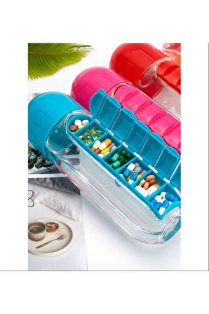 Mucit Home  Kutulu Matara Suluk 600ml 7 Günlük Hap Kutusu Organizer Spor Sızdırmaz Su Şişesi