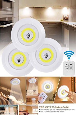 Mucit Home  Uzaktan Kumandalı Yapışkanlı Kablosuz Pilli Led 3'lü Spot Lamba Spot Led