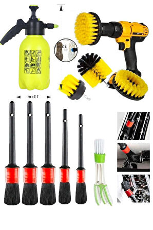 Mucit Home  10 Parça Araç İçi ve Dışı Temizlik Seti – Matkap Uyumlu Fırça ve Püskürtme  Pompası