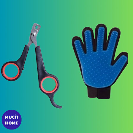 Mucit Home  Kedi Köpek Tüy Tarama Fırça Eldiven Kedi Köpek Tırnak Makası 2 Li Set