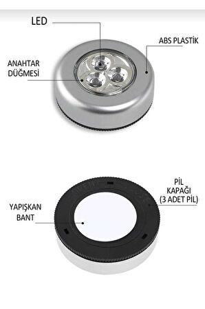 Mucit Home 2 adet Kablosuz Spot Pilli Dokunmatik Led Lamba 3 Ledli Dolap Lambası