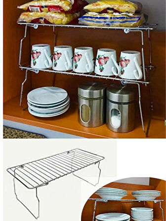 Mucit Home Ayaklı Metal Dolap İçi Tezgah Üstü Kavanoz Kupa Bardak Tel Rafı-Krom