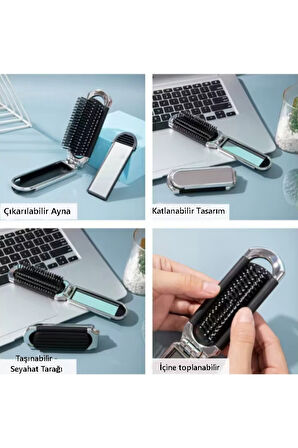 Mucit Home Katlanabilir Mini Aynalı Saç Fırçası Katlanır Tarak Baş Masajı Taşınabilir Seyahat Saç Fırçası