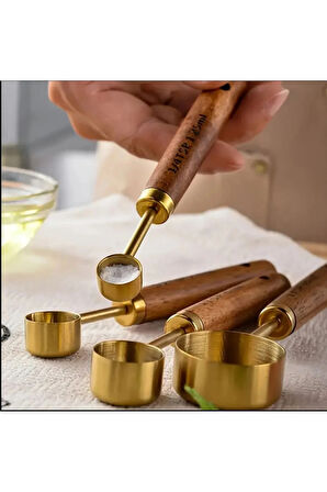 Mucit Home 4 Adet Gold Paslanmaz Çelik Ahşap Saplı Ölçü Kaşığı Seti Ölçü Kabı