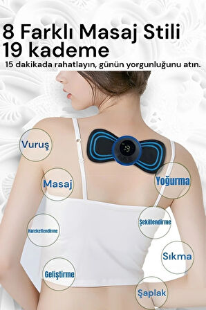 Mucit Home 8 Modlu Mini Şarjlı Kelebek LCD Ekran Ems Boyun Omuz Kol Sırt Elektrikli Masaj Bantı Kas Stimülatörü