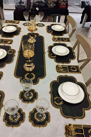 Mucit Home Amerikan Servis Ve  Masa Örtüsü 6 Kişilik 19 Parça Runner Seti Nakışlı Yemek Sunum Takımı