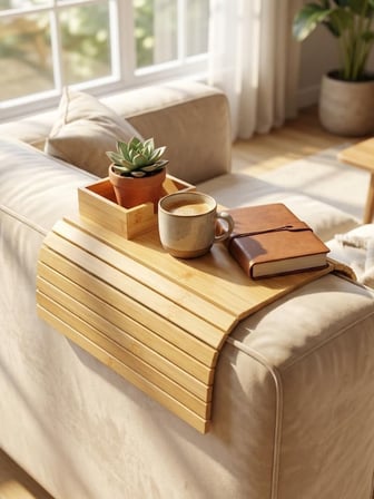 Mucit Home Bambu Koltuk Kenarı Tepsisi ve Organizer Katlanabilir Bölmeli Ahşap Kanepe Yanı Sehpa, Bardaklık ve Kumandalık