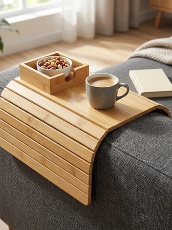 Mucit Home Bambu Koltuk Kenarı Tepsisi ve Organizer Katlanabilir Bölmeli Ahşap Kanepe Yanı Sehpa, Bardaklık ve Kumandalık