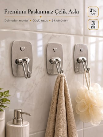Mucit Home 3'lü Paslanmaz Çelik Çok Amaçlı Askı Havlu Askısı Banyo Mutfak Askısı Yapışkanlı