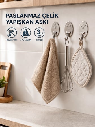 Mucit Home 3'lü Paslanmaz Çelik Çok Amaçlı Askı Havlu Askısı Banyo Mutfak Askısı Yapışkanlı