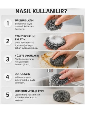 Mucit Home 5 Adet Paslanmaz Çelik Çizmez Bulaşık Tel Süngeri Kolay Kullanım Mutfak Banyo