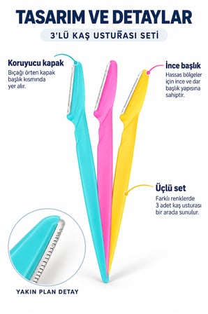 Mucit Home  3'lü Kaş Usturası ve Yüz Jileti - Dermaplaning Kadın Erkek Kaş Bıyık Yanak Tüy Alıcı Ustura Seti