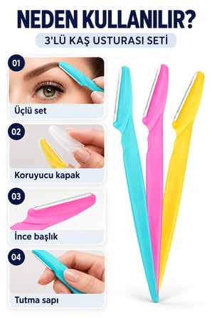 Mucit Home  3'lü Kaş Usturası ve Yüz Jileti - Dermaplaning Kadın Erkek Kaş Bıyık Yanak Tüy Alıcı Ustura Seti