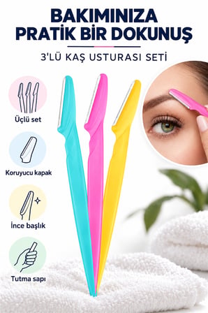 Mucit Home  3'lü Kaş Usturası ve Yüz Jileti - Dermaplaning Kadın Erkek Kaş Bıyık Yanak Tüy Alıcı Ustura Seti