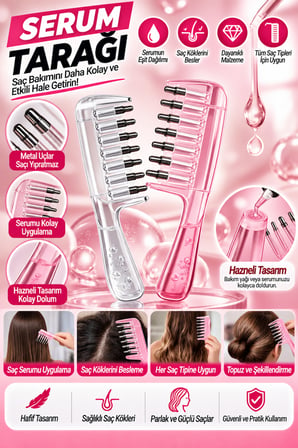 Mucit Home Serum Uygulama Tarağı Metal Uçlu Hazneli Saç Dibi Serum Tarağı Şeffaf Pembe