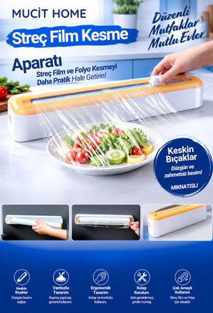 Mucit Home Streç Film Kesme Aparatı Streç Film Kesici Buzdolabı Folyo Kesme Streç Film Kesici