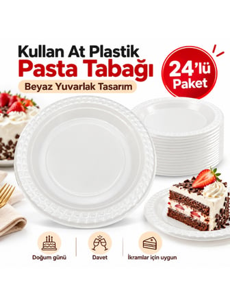 Mucit Home Beyaz Plastik Pasta Tabağı 24’lü Doğum Günü Davet Sunum Tabağı 19 cm