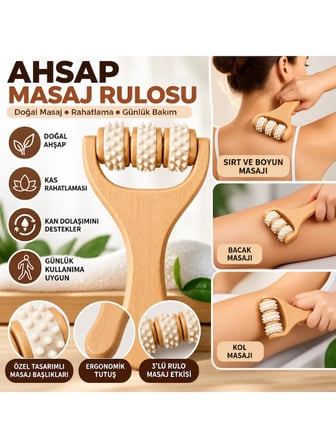 Mucit Home Manuel Ahşap Masaj Aleti 3 Top Rulolu Kas Rahatlatıcı Masaj Aparatı 