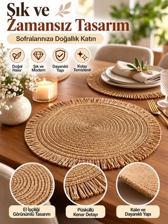 Mucit Home Kahve Püsküllü Hasır Supla 38 Cm Yuvarlak Amerikan Servis Tabak Altlığı Dekoratif Örgü