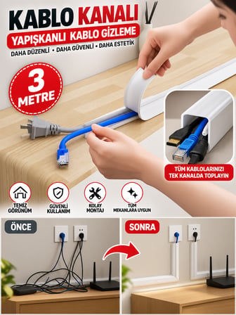 Mucit Home Kablo Kanalı 3 Metre - Yapışkanlı Kablo Gizleme Ve Kablo Düzenleyici Organizer