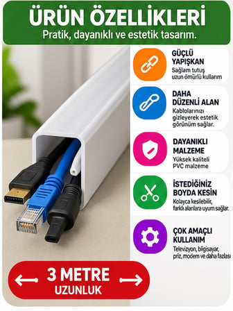 Mucit Home Kablo Kanalı 3 Metre - Yapışkanlı Kablo Gizleme Ve Kablo Düzenleyici Organizer