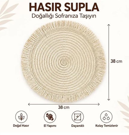 Mucit Home Krem Püsküllü Hasır Supla Yuvarlak Amerikan Servis Tabak Altlığı Dekoratif Örgü Sofra Matı