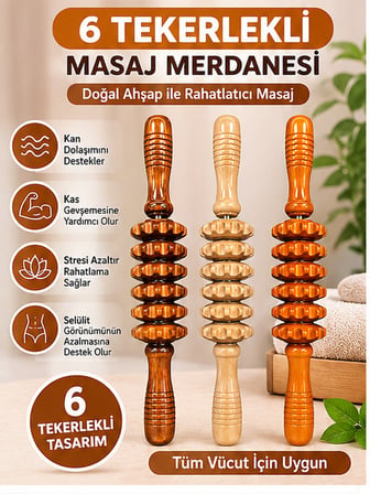 Mucit Home 6 Tekerlekli Medikal Ahşap Masaj Merdanesi Tüm Vücut Masaj Aleti Selült Giderici 