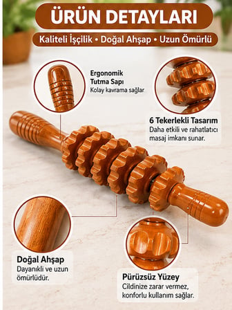 Mucit Home 6 Tekerlekli Medikal Ahşap Masaj Merdanesi Tüm Vücut Masaj Aleti Selült Giderici 
