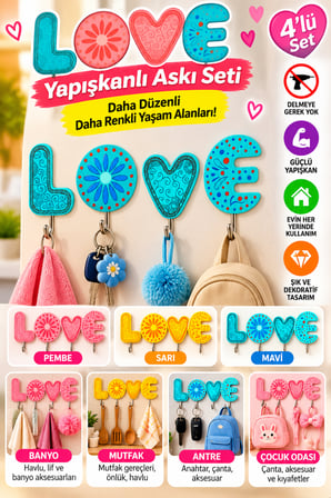 Mucit Home LOVE Yapışkanlı Askı Seti 4 Lü Delmesiz Dekoratif Duvar Askılığı Banyo Mutfak Çocuk Odası Anahtarlık Askısı