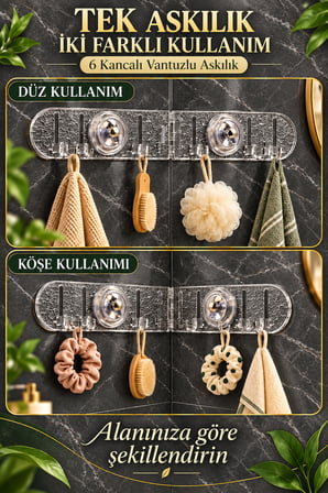 Mucit Home 6 Kancalı Yapışkan Vantuzlu Askılık – Düz ve Köşe Kullanımlı Mutfak Banyo Düzenleyici
