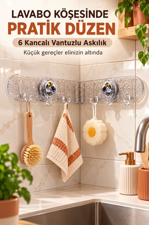 Mucit Home 6 Kancalı Yapışkan Vantuzlu Askılık – Düz ve Köşe Kullanımlı Mutfak Banyo Düzenleyici