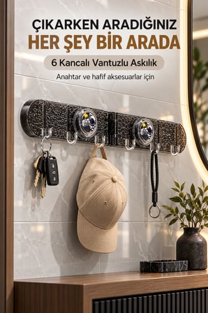 Mucit Home 6 Kancalı Yapışkan Vantuzlu Askılık – Düz ve Köşe Kullanımlı Mutfak Banyo Düzenleyici