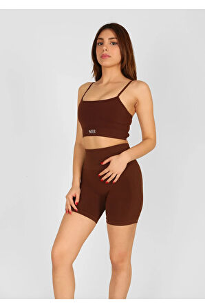 NTB Kahverengi Yüksek Bel Kısa Spor Taytı Scrunch Detaylı,Toparlayıcı Tayt,Kısa Spor Tayt,Fitness