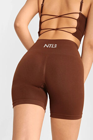 NTB Kahverengi Yüksek Bel Kısa Spor Taytı Scrunch Detaylı,Toparlayıcı Tayt,Kısa Spor Tayt,Fitness