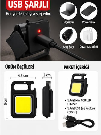 Mucit Home Mini Cep Led Anahtarlık El Feneri USB Şarjlı Çok Amaçlı Taşınabilir Lamba, Kamp Feneri, Şişe Açacaklı