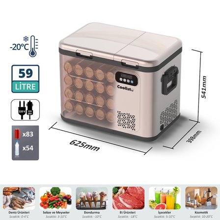 Coolist CLK60D 12/24V/220Volt 59 Litre Çift Bölmeli Outdoor Kompresörlü Bluetooth Bağlantılı Oto Buzdolabı