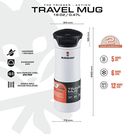 MADMUGS TM-TA-002 Travel Mug Termos Bardak 0,47lt-Beyaz