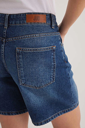 Mona 599 YÜKSEK BEL KOYU MAVİ REGULAR JEANS ŞORT KADIN