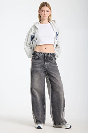 Reneta 197 NORMAL BEL ÇİFT RENK SİYAH GRİ BAGGY JEANS KADIN