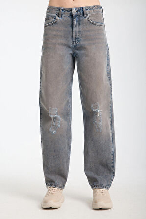 Alice 1001 NORMAL BEL TİNTLİ FULL ESKİTME MAVİ BAGGY JEANS KADIN