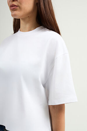 Lucia 82001 Oversize Crop Beyaz Kadın Basic T-Shirt