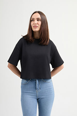 Lucia 82001 Oversize Crop Siyah Kadın Basic T-Shirt