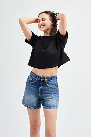 Lucia 82001 Oversize Crop Siyah Kadın Basic T-Shirt
