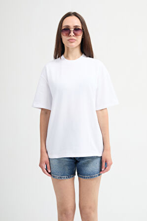 Emilia 80002 Oversize Beyaz Kadın Basic T-Shirt